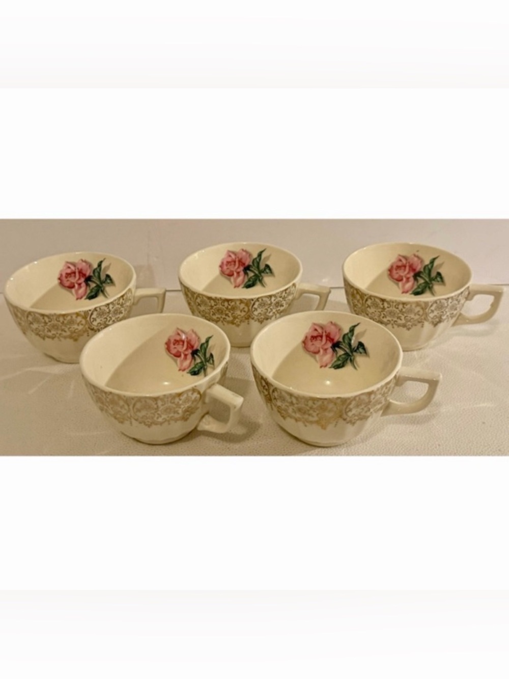 Vintage American Limoges Le Fleur Rouge Tea Cups Set 5 Pink Rose 22K Gold USA
